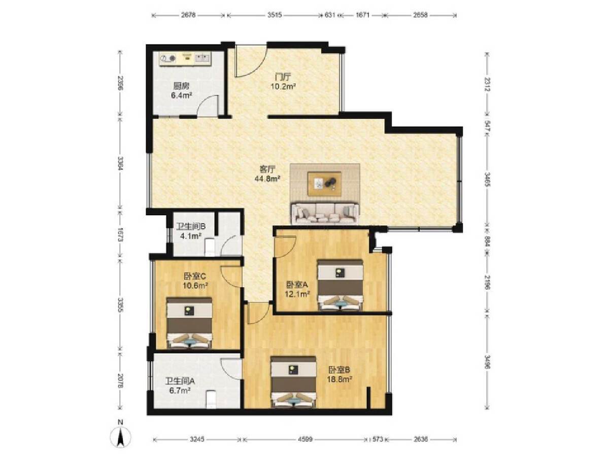金茂光明城市，3室2厅2卫，114.72㎡，精装，售价168.00万 二手房
