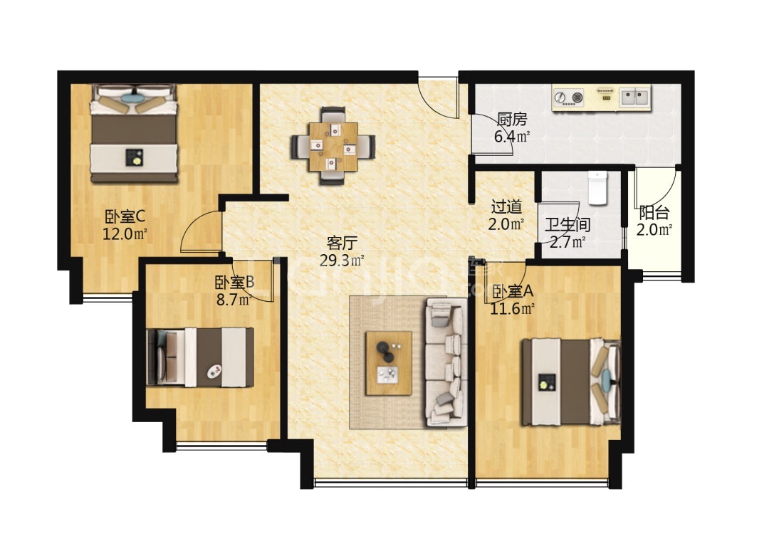 飞大壹号广场，3室2厅1卫，95.51㎡，精装，售价198.00万 二手房