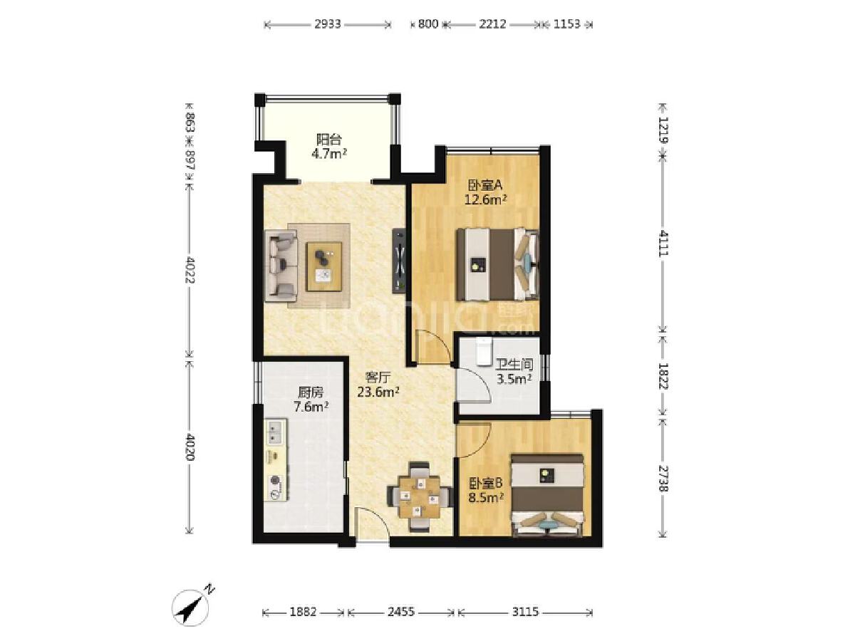 优客联邦二期，2室2厅1卫，78.23㎡，精装，售价135.00万 二手房